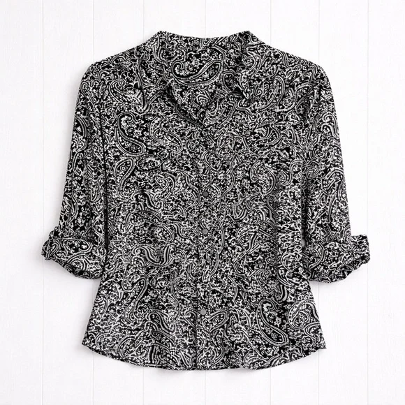 NY Collection Black & White Paisley Blouse | Size XL | Roll-Tab Sleeves - Picture 4 of 9